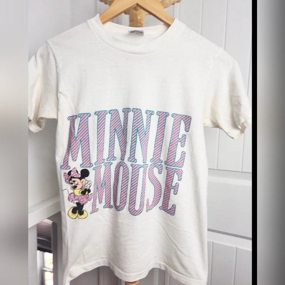 Vintage Disney Character Fashions Minnie Mouse Spellout Tshirt White Pink Small - Picture 1 of 7